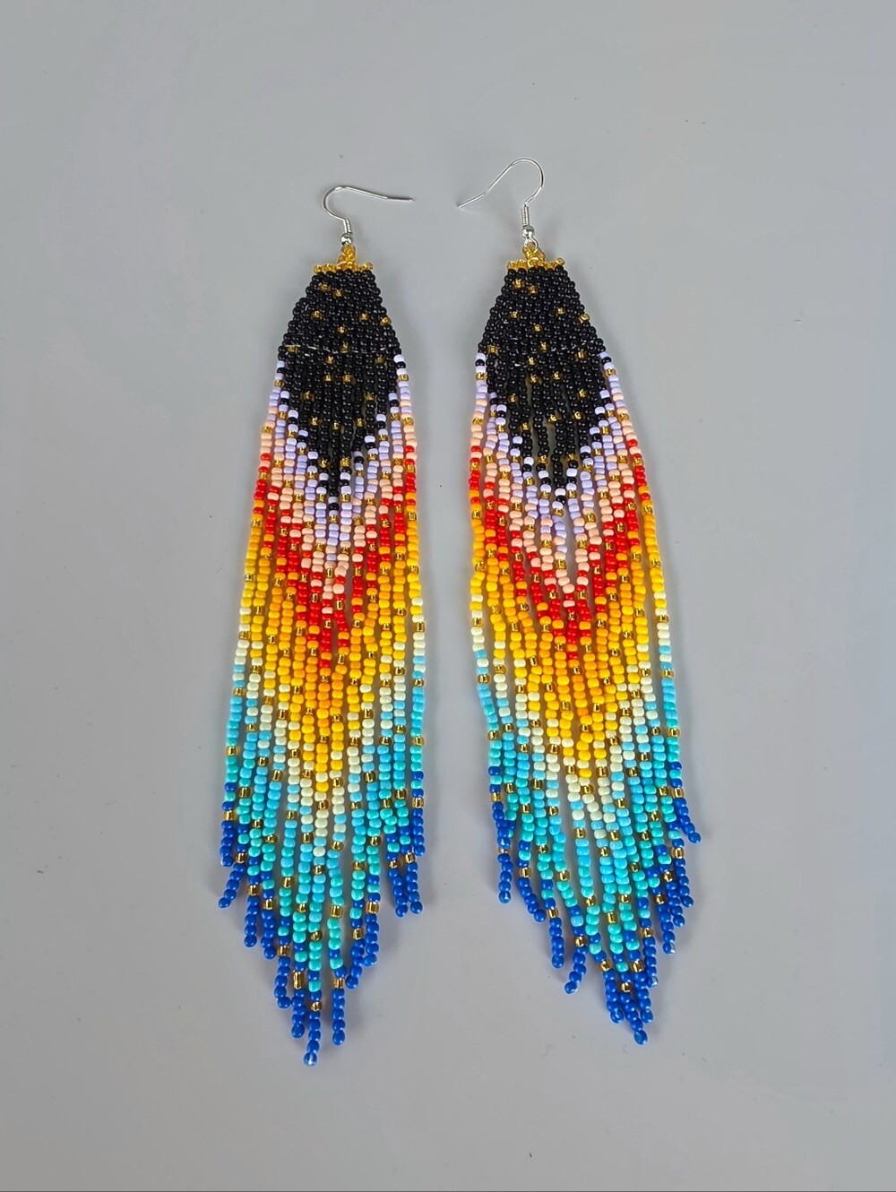 Handmade Rainbow Ombre Southwestern Boho Fringe Beaded Earrings - Black Multi